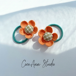 韩国新款女童橡皮筋头花日系小清新手工钩织毛线格纹花朵儿童发圈