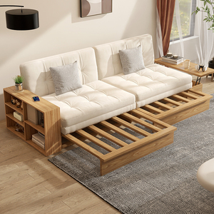 原木风沙发床折叠两用日式伸缩北欧实木小户型现代简约客厅多功能