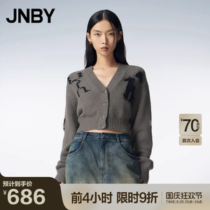 JNBY/江南布衣2024年冬毛衫女绵羊毛短款针织开衫趣味图案V领