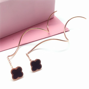 女士真金18k彩金耳线四叶草波浪湾款 俄罗斯585紫金耳饰14k玫瑰金