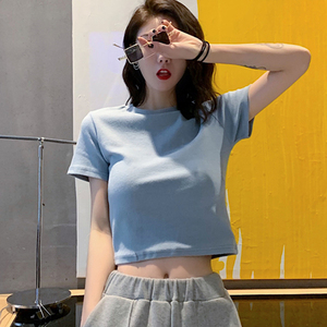短款爵士漏肚脐上衣潮女装短袖高腰露脐紧身t恤跳舞衣服性感短装