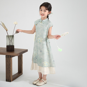 新中式女童旗袍裙改良版汉服中国风夏季儿童假两件连衣裙雪纺裙子