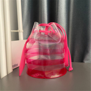 兰蔻防水粉色条纹透明果冻水桶包 单肩包洗漱包 化妆包