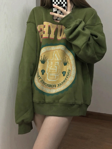 4uyes 秋冬墨绿色美式校园复古皇冠潮流男女宽松情侣套头圆领卫衣