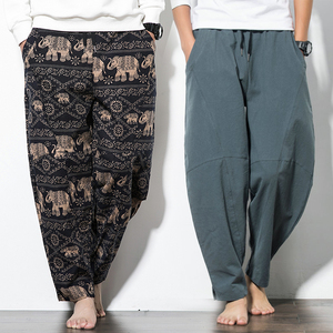 男士休闲裤亚麻长裤民族风花裤泰国裤子灯笼裤男宽松阔腿哈伦裤潮