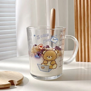透明早餐杯玻璃杯女带把手盖勺刻度吸管杯家用牛奶燕麦咖啡水杯子