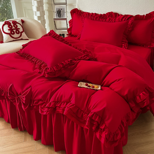 新中式结婚床上用品婚房大红色喜被褥新款纯棉四件套100支长绒棉