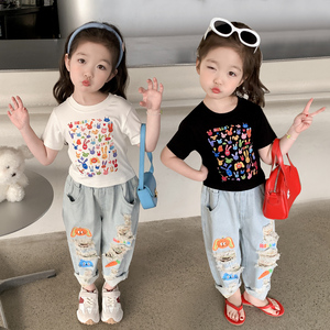 女童夏装运动套装3儿童韩版网红破洞牛仔裤时髦涂鸦t桖短袖两件套