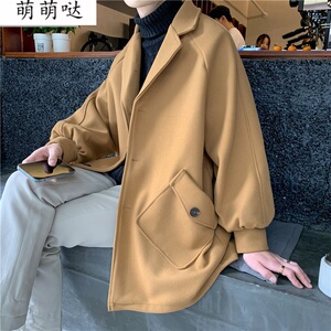 配呢子大衣的裤子男短款加厚毛呢外套慵懒风学生百搭梨子风衣呢料