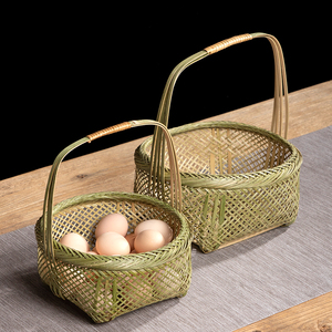 手工竹编小提篮 水果篮鸡蛋筐 手提篮 圆形菜篮子 家用竹工艺制品