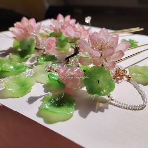包邮 琉璃粉色荷花流苏 发簪 古风手工diy头饰汉服发簪 定制 发夹