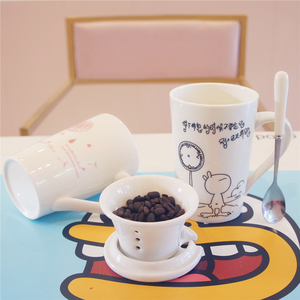 创意陶瓷杯子带盖勺办公室泡茶杯带茶漏可爱卡通马克杯咖啡牛奶杯