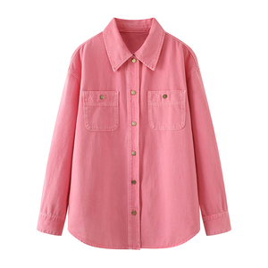 艾格ES女装2024春季新款时尚宽松韩版休闲粉色衬衫式牛仔外套上衣