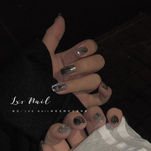 假指甲贴片短款巨闪黑色魔镜满钻可以粘的美甲手工光疗假指甲