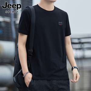 Jeep吉普圆领短袖t恤男士夏季薄款宽松休闲百搭纯棉黑色上衣服男