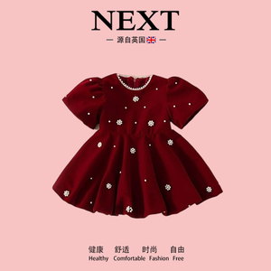 英国Next童装女童春夏连衣裙圣诞珍珠红色礼服儿童周岁公主裙套装