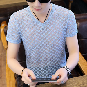 冰丝短袖t恤男夏季薄款韩版潮流透气休闲男士半袖镂空v领修身上衣