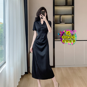 新中式复古国风洋气少女小黑裙小礼服改良旗袍短袖缎面褶皱连衣裙