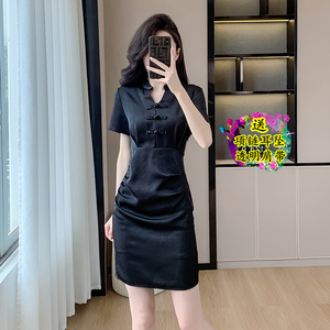 新中式旗袍小黑裙晚礼服高级名媛时尚气质显瘦黑色短裙缎面连衣裙