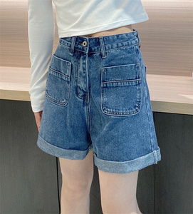 牛仔短裤女2022夏季时尚高腰个性双口袋直筒裤裤脚卷边显瘦热裤