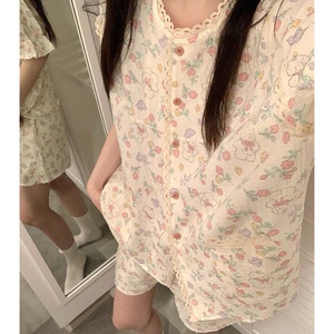 睡衣女夏季韩系可爱花园兔子甜美花边短袖短裤双层棉纱家居服套装