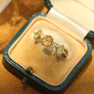 《油菜花》薾曼原创设计黄水晶戒指银镀金简约复古橄榄石开口指环
