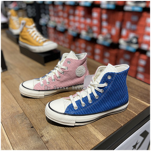匡威新款春夏编织帆布透气红蓝鸳鸯女高帮帆布鞋 568664c 568665c