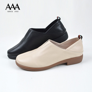 aaa女鞋2019春新款英伦风休闲两穿方头小皮鞋粗跟中跟软皮女单鞋