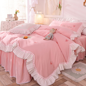 韩版全棉纯棉四件套床裙款公主风温馨少女心双人被套花边床上用品