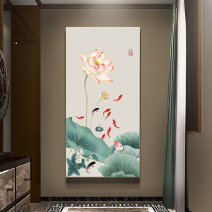 2021新款5d满钻荷花叶九鱼图玄关新中式九尾锂鱼聚财竖版钻石绣