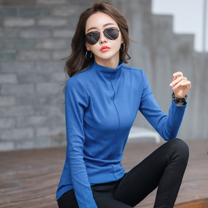 蓝色打底衫女高领秋款女装2019新款内搭加绒大码秋冬上衣纯棉长袖