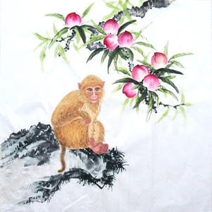 鸿砚堂生日礼品江涛国画四尺斗方工笔动物寿桃金猴纯手绘g4828