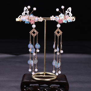 鲛人泪发饰汉服头饰蝴蝶发夹古风边夹流苏配饰超仙对夹步摇飘带