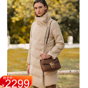 欧美高端骆驼绒羽绒服2021冬新款女装中长款设计感立领白鹅绒外套