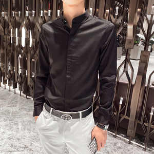 英伦风新款衬衫男士韩版修身免烫滑料上衣长袖纯色暗扣西装衬衣潮