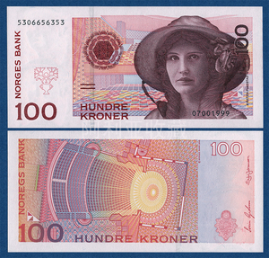 挪威 外国 纸币 1999年 100 克朗 gem unc 无全息条版 号码无47
