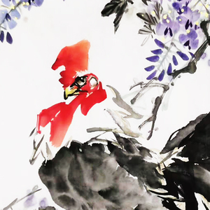 大公鸡 紫藤 花鸟图案手绘玄关真迹装饰画原创国画挂画真迹宣纸