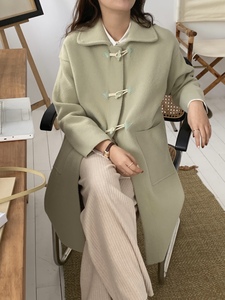 一宅自制 雾霾绿牛角扣呢大衣韩版甜美小众清新温柔小个子中长款