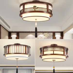 新中式实木吸顶灯玄关阳台圆形灯餐厅走廊过道卧室仿古古典灯具