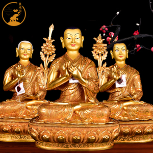 尼泊尔进口紫铜鎏金手工宗喀巴师徒三尊佛像藏传密宗供奉摆件15寸
