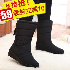 新款冬季女士流苏加绒雪地靴中筒坡跟保暖靴子防水防滑女棉鞋棉靴