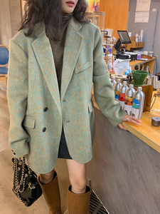 HTBT定制韩国东大门西服款双面绒大衣女精致时尚通勤翻领羊毛外套