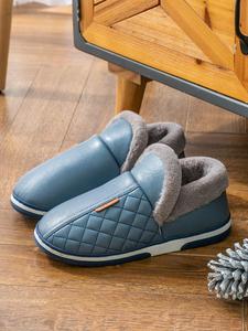防水棉拖鞋男冬居家用包跟保暖家居防滑厚底秋冬皮面棉鞋女带后跟