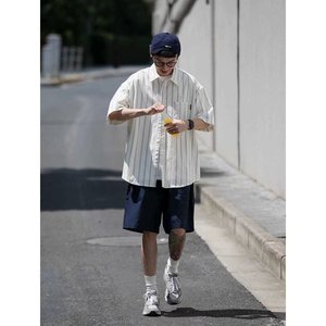 日系复古cityboy条纹衬衫短袖男夏季宽松男装休闲工装衬衣外套潮