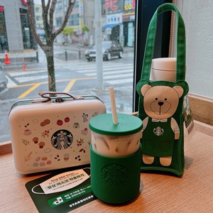 韩国星巴克杯子2022绿色玻璃吸管杯小熊提袋503ml