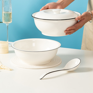简约汤碗家用2024新款汤盆釉下彩带盖品锅陶瓷大号泡面碗碗碟套装