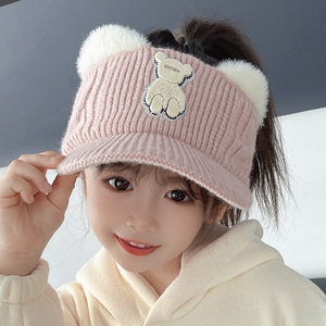 儿童空顶帽冬季女保暖护耳针织毛线帽可爱鸭舌帽小孩马尾棒球帽子