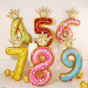 甜甜圈数字气球带皇冠32寸儿童周岁派对生日装饰场景布置拍照道具