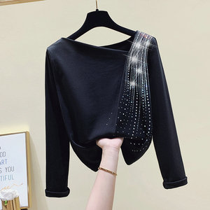 8885人付款淘宝网红性感斜肩露肩一字领上衣2021春夏新款黑色打底t恤