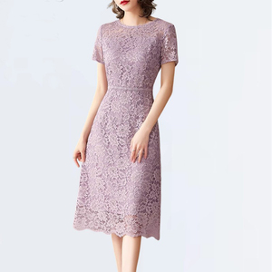 高颜值单品 柜朗姿夏季新款简约修身圆领短袖粉紫色蕾丝连衣裙